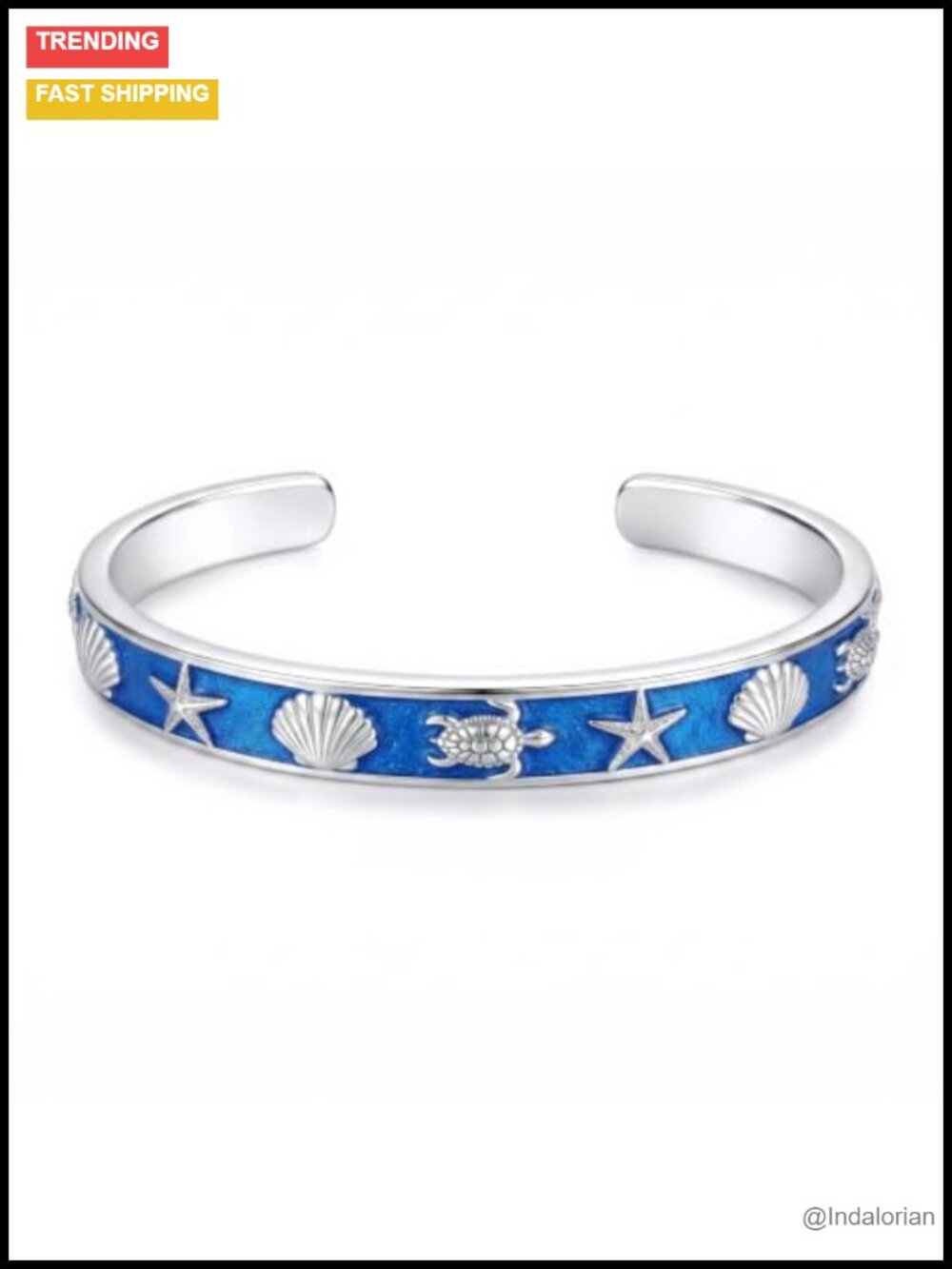 18K White Gold Plated Open Cuff Bracelet with Sea Turtle Starfish Enamel